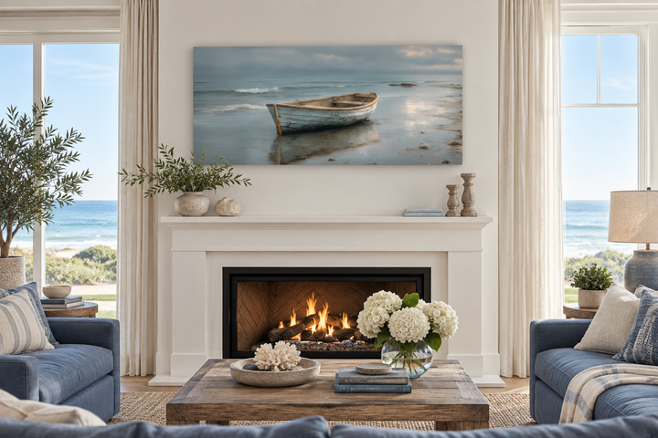Rustic rowboat on beach coastal framed canvas wall art hanging above a white fireplace mantel.