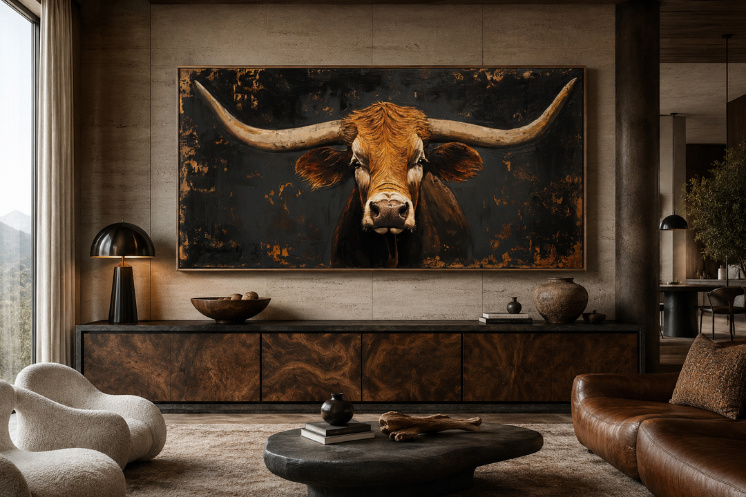 Extra large framed wall art of a Texas longhorn cow in a rustic living room setting.