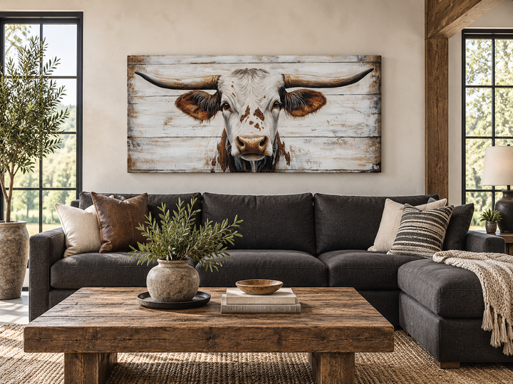 Rustic Texas Longhorn on white and grey wood background framed canvas wall art in a living room.