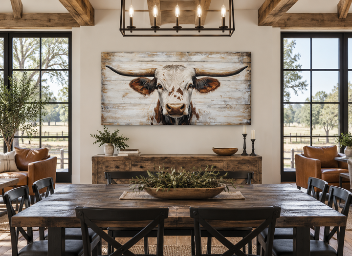 Rustic Texas Longhorn canvas wall art on a white wood background in a farmhouse dining room.