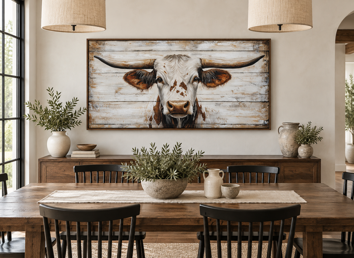Rustic Texas Longhorn on white and grey wood background framed canvas wall art in a dining room.