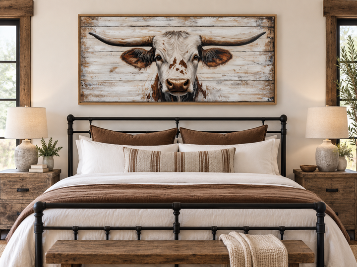 Rustic Texas Longhorn framed canvas wall art above a bed in a farmhouse-style bedroom.