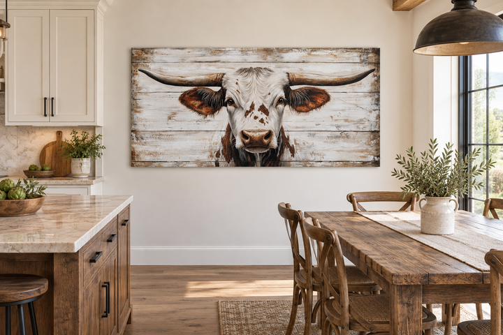 Rustic Texas Longhorn canvas wall art on a white wood background in a farmhouse dining room.