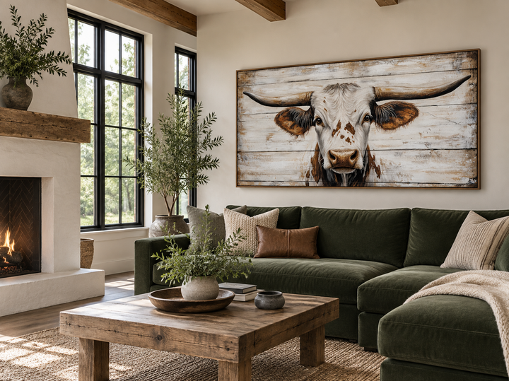 Rustic Texas Longhorn on white and grey wood background framed canvas wall art above a green sofa.