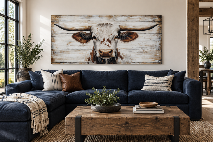 Rustic Texas Longhorn on a distressed white wood background framed canvas wall art above a sofa.