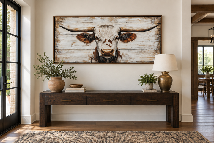Rustic Texas Longhorn framed canvas wall art on a distressed white wood background.