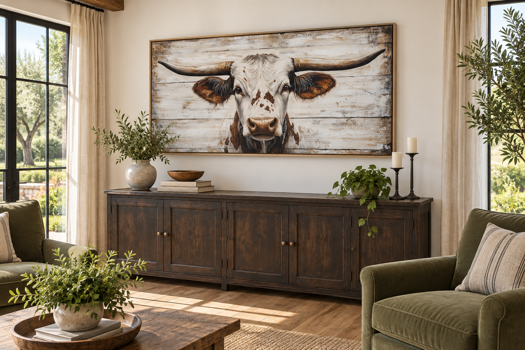 Rustic Texas Longhorn on distressed white wood background framed canvas wall art in a living room.