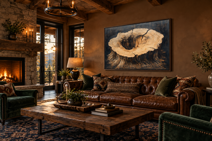 Rustic tree stump framed canvas wall art featuring detailed wood grain rings in earthy tones.