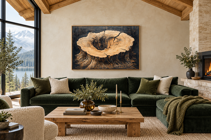 Rustic tree stump framed canvas wall art above a green sofa in a cabin-style living room.