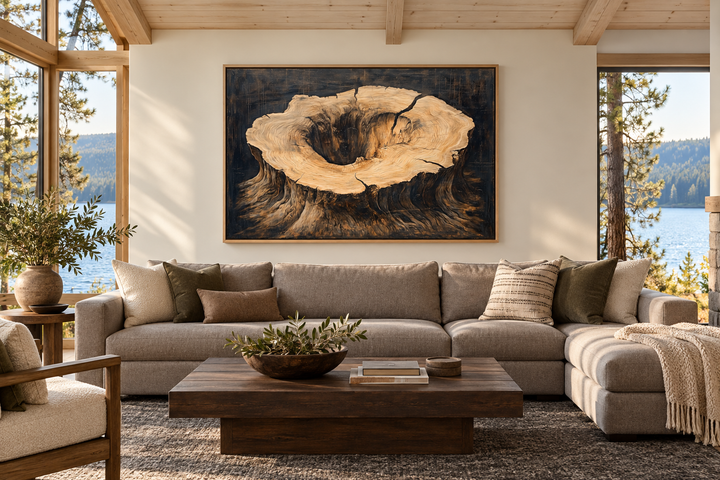 Framed canvas wall art featuring a detailed cross-section of a tree stump with natural wood rings.