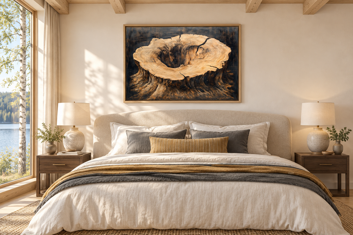 Rustic tree stump framed canvas wall art hanging above a bed in a cabin-style bedroom.