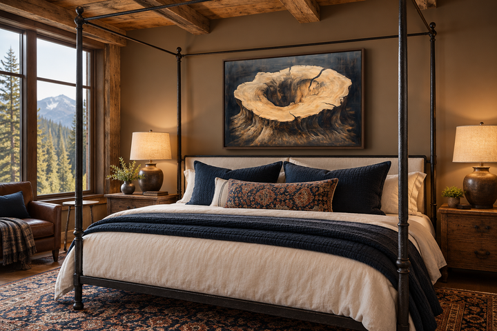 Rustic tree stump framed canvas wall art featuring detailed wood grain rings in earthy tones.
