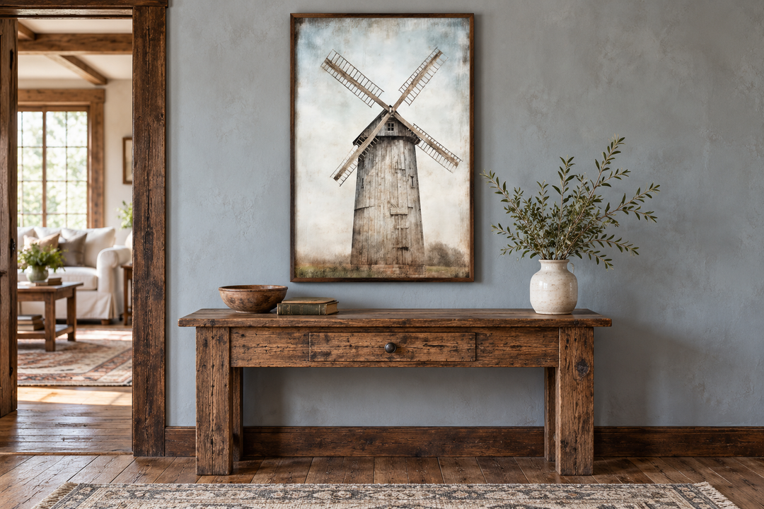 Framed rustic windmill painting on a gray wall above a weathered wood console table.