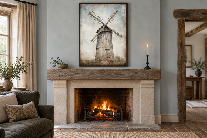 Rustic old windmill painting in a dark wood frame hanging above a stone fireplace mantel.