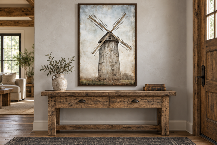 Rustic old windmill painting in a dark wood frame above a weathered wooden console table.