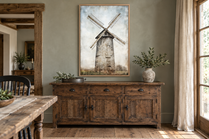Rustic old windmill painting in a light wood frame hanging above a dark wood farmhouse sideboard.