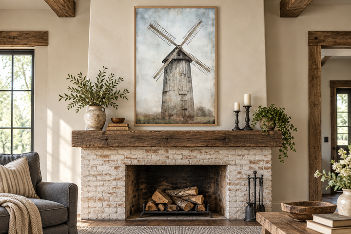 Rustic old windmill painting in a wooden frame hanging above a brick fireplace mantel.