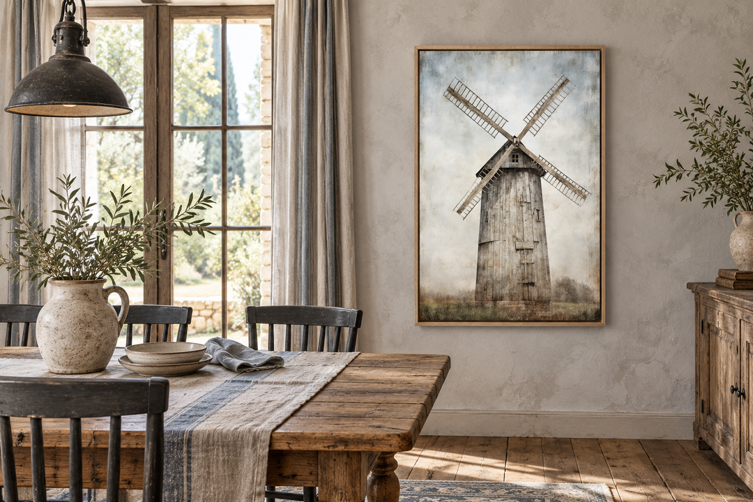 Rustic old windmill painting in a light wood frame hanging in a farmhouse dining room.