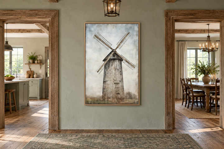 Rustic old windmill painting in a wooden frame hanging on a sage green wall in a farmhouse hallway.