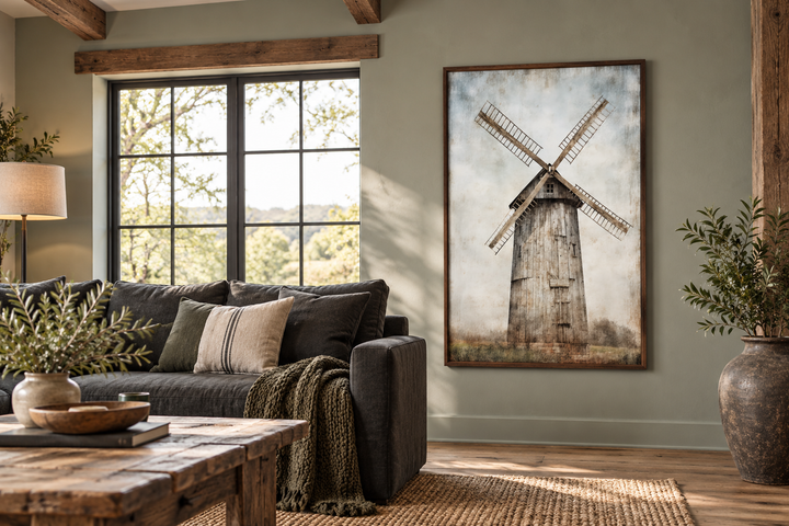 Rustic old windmill painting in a dark wood frame, hanging in a farmhouse-style living room.