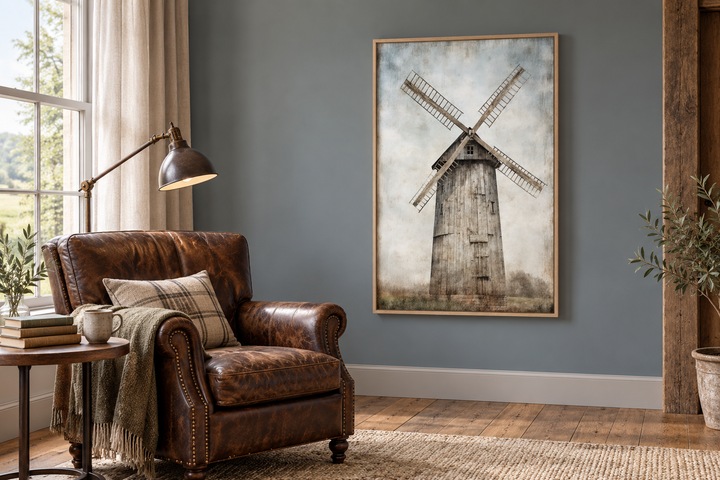 Rustic old windmill painting in a wooden frame hanging on a gray wall in a farmhouse reading room.
