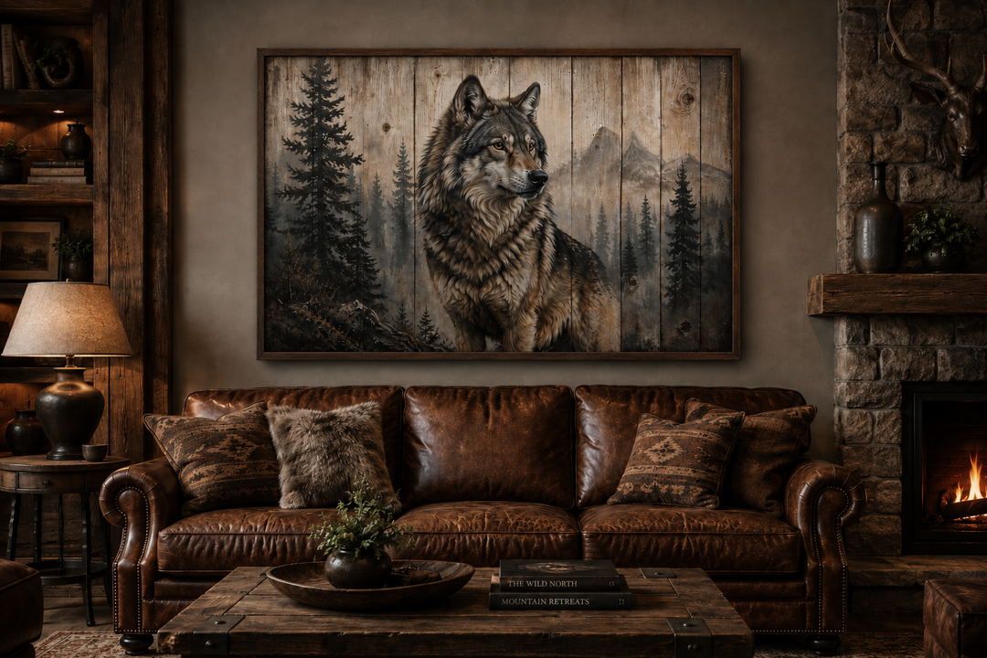 Rustic wolf painting on wood-textured framed canvas wall art above a leather sofa in a cabin.