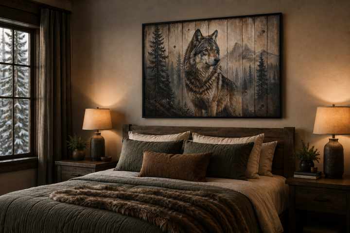 Rustic wolf painting on wood-textured framed canvas wall art above a bed in a cabin-style room.