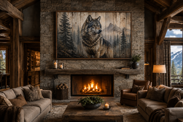Rustic wolf painting on wood-textured canvas wall art above a fireplace in a cabin living room.