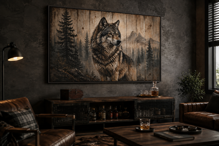 Rustic wolf painting on wood-textured framed canvas wall art in a cabin-style living room.