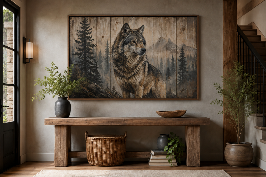 Rustic wolf painting on wood-textured framed canvas wall art above a wooden console table.