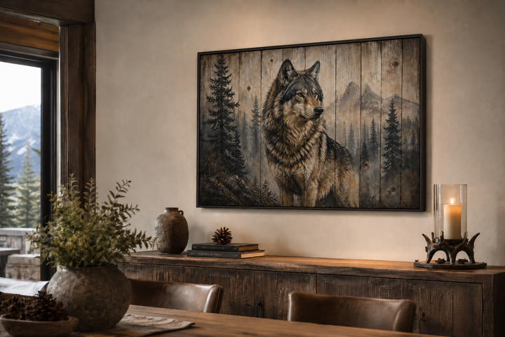 Rustic wolf painting on wood-textured framed canvas wall art above a wooden sideboard in a cabin.