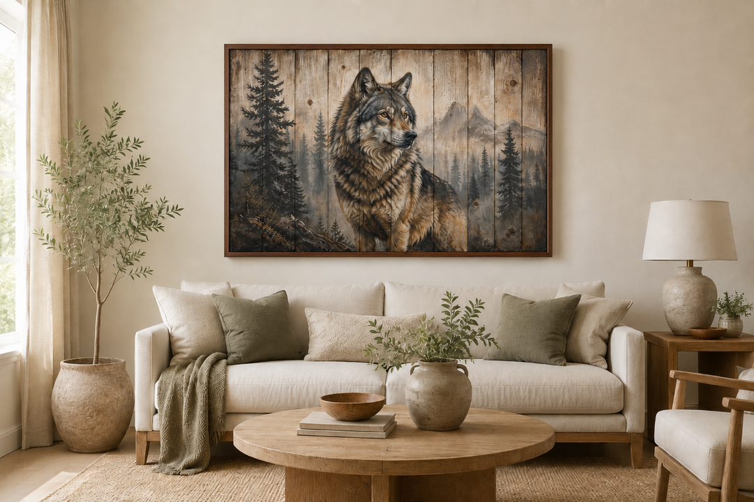 Rustic wolf painting on wood-textured framed canvas wall art in a cabin-style living room.