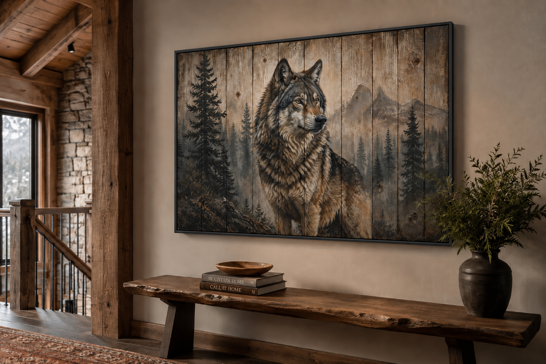 Rustic wolf painting on wood-textured framed canvas wall art in a cabin-style room.