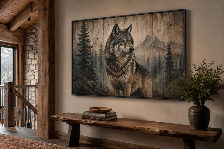Rustic wolf painting on wood-textured framed canvas wall art in a cabin-style room.