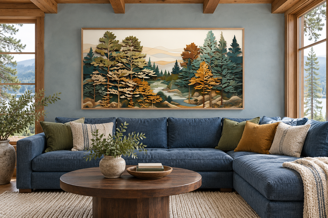 Layered wood forest river wall art above a blue sectional sofa in a rustic cabin living room.