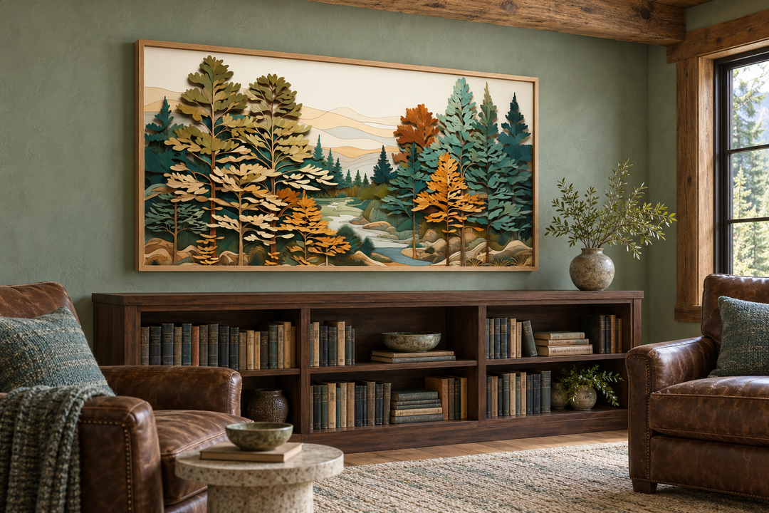 Layered wood wall art of a forest river scene in a rustic frame above a dark wood bookshelf.