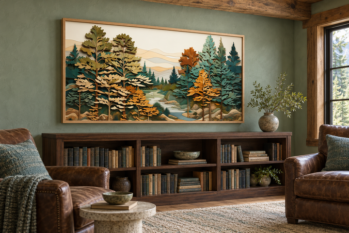 Layered wood wall art of a forest river scene in a rustic frame above a dark wood bookshelf.