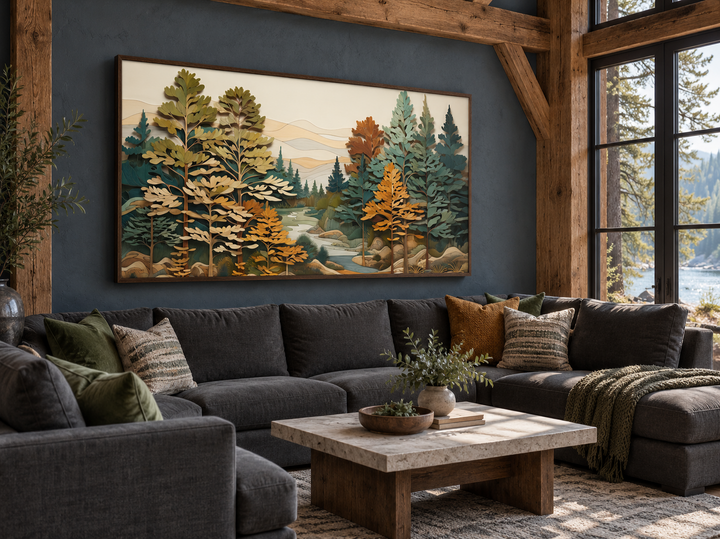 Layered wood forest river wall art in a rustic living room with a dark grey sectional sofa.