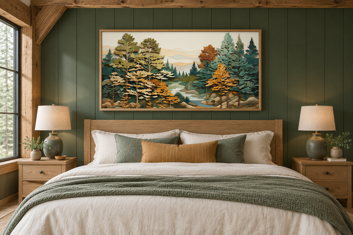 Layered wood wall art of a forest river scene hanging above a bed in a rustic cabin bedroom.