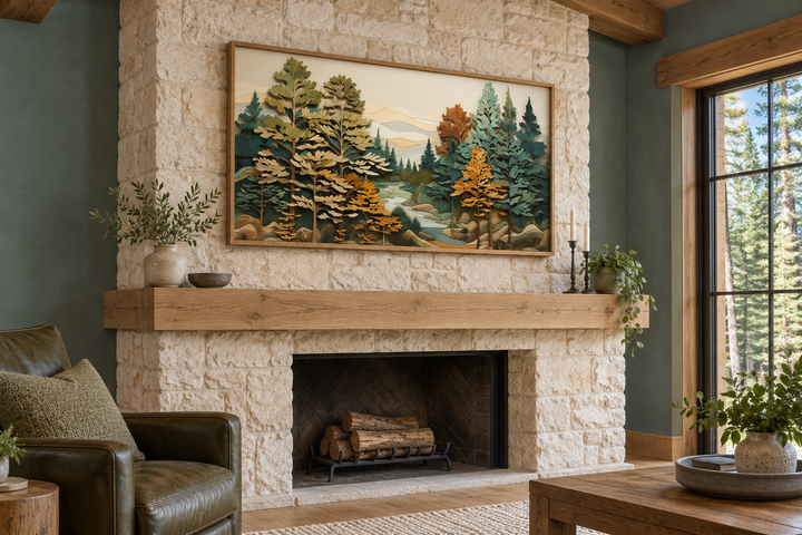 Layered wood forest river wall art above a stone fireplace in a rustic cabin living room.