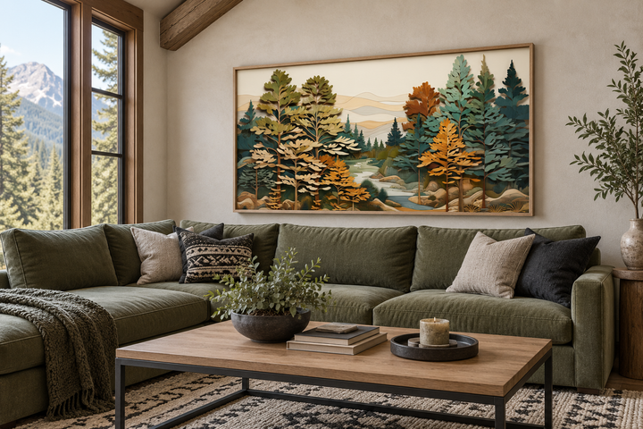 Layered wood wall art of a forest river scene above a green sectional sofa in a rustic cabin.