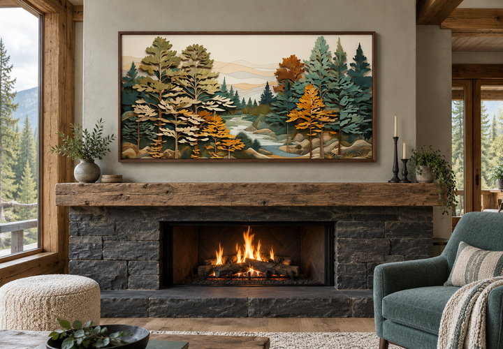 Layered wood forest river wall art hanging above a stone fireplace in a rustic cabin living room.