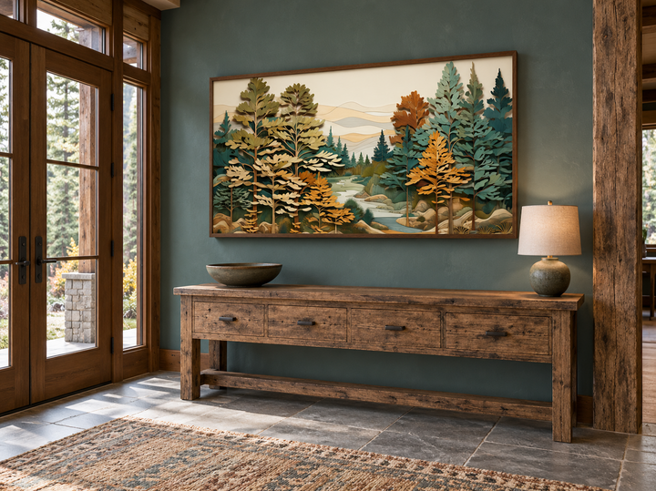 Layered wood forest river wall art in a rustic frame above a wooden console table in a cabin entry.