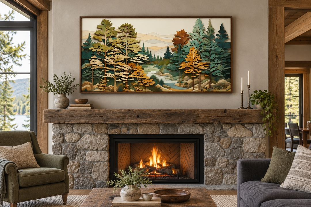 Layered wood forest river wall art in a walnut frame above a rustic stone fireplace mantel.