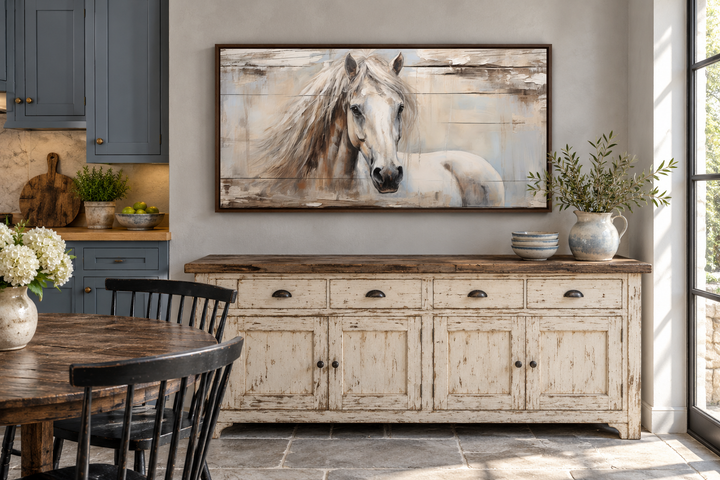 Rustic white horse wall art on distressed wood canvas in a farmhouse dining room.