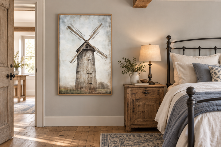 Rustic old windmill painting in a wooden frame hanging in a farmhouse-style bedroom.