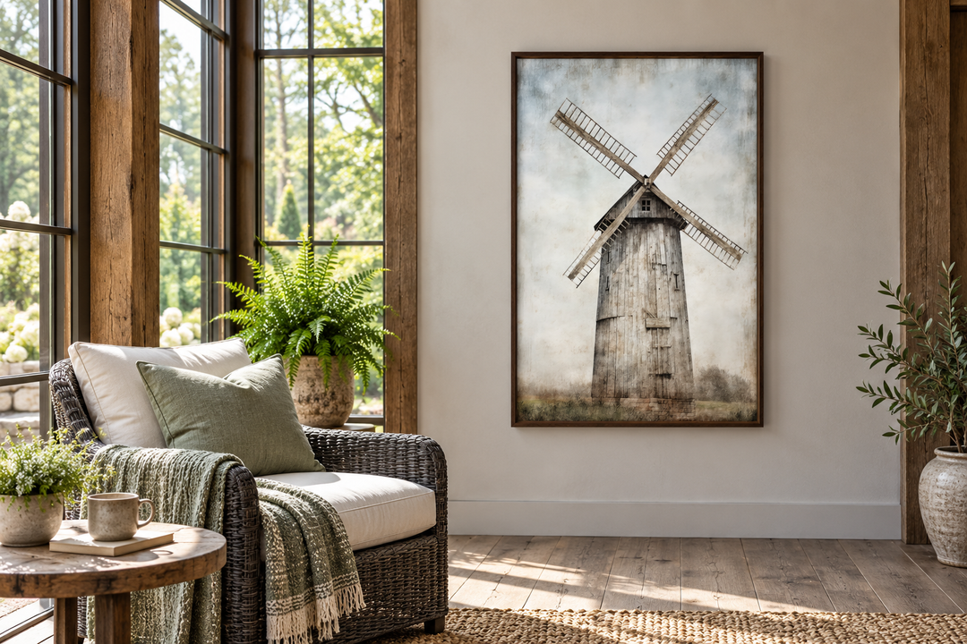 Rustic old windmill painting in a dark wood frame, hanging in a sunlit farmhouse living room.