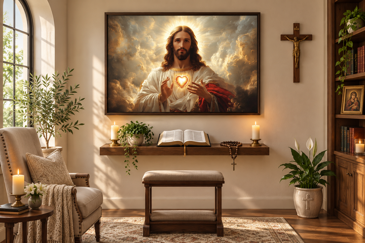 Sacred Heart of Jesus canvas print in a prayer room with a Bible, candles, and a crucifix.
