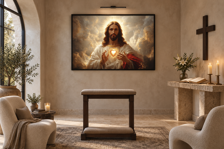Sacred Heart of Jesus canvas print in a prayer room with a kneeler, cross, and candles.