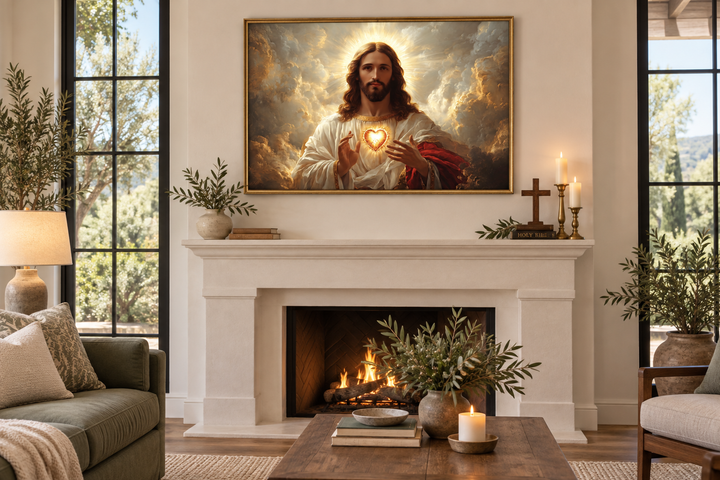 Sacred Heart of Jesus canvas print displayed above a fireplace in a serene living room.